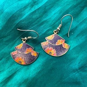 Vintage 80s Gold-tone Cloisonné Earring 80s Chinese Fan Floral